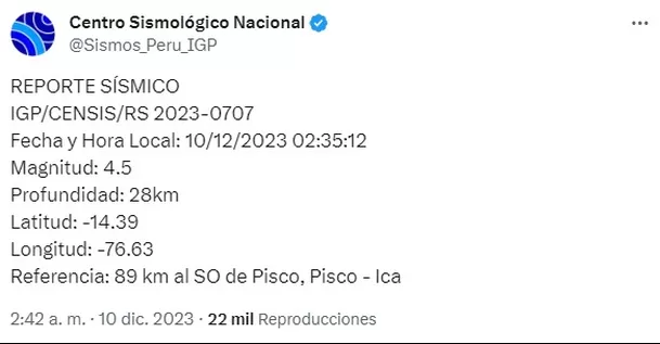  Imagen: Centro Sismológico Nacional 