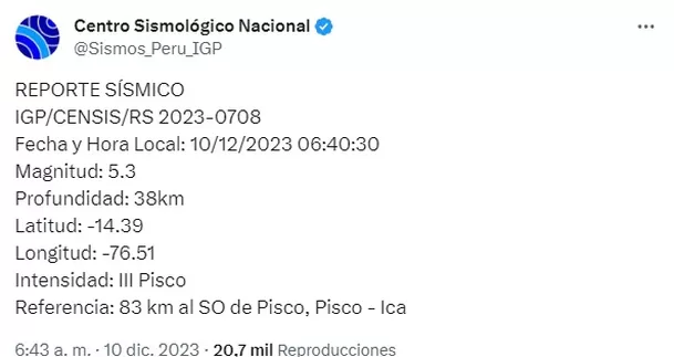  Imagen: Centro Sismológico Nacional 