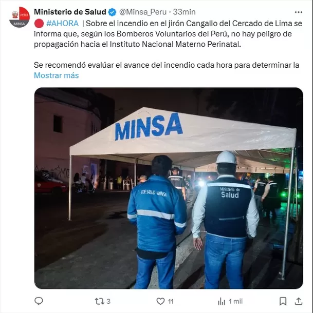Minsa informa que no hay riesgo para la Maternidad de Lima por incendio cercano. Foto: Minsa