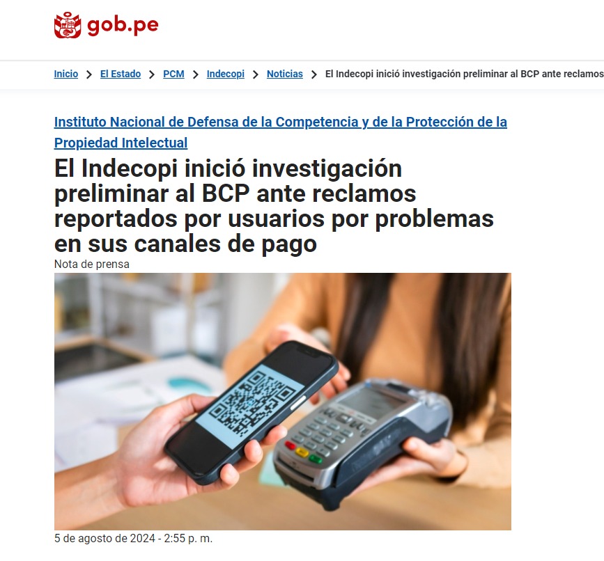 Indecopi inició investigación preliminar al BCP por caída de sistemas que impidió uso de canales de pago