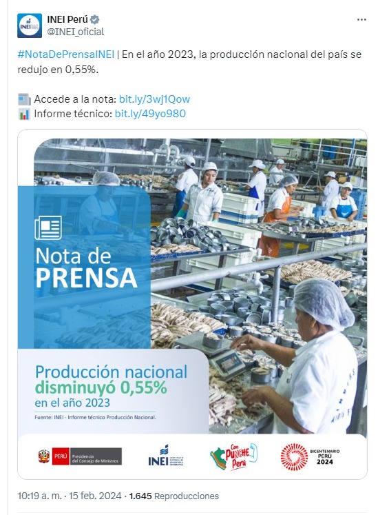 INEI: Economía peruana cayó 0,55% en el 2023