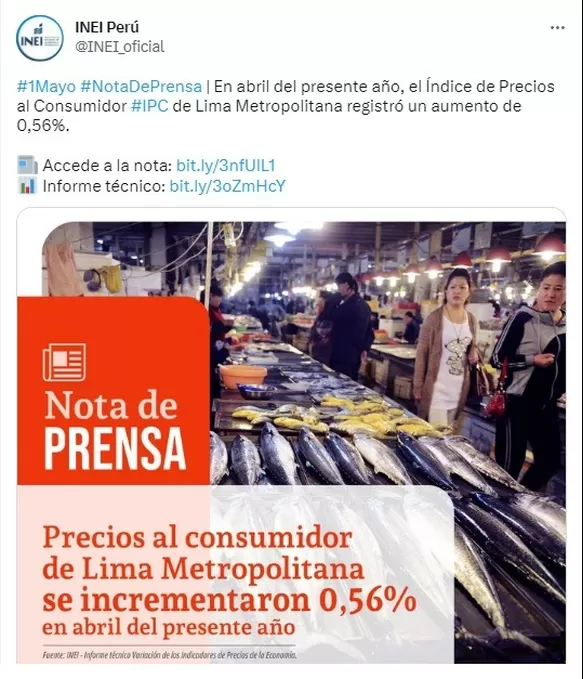 INEI: Inflación de abril en Lima Metropolitana fue de 0.56 %