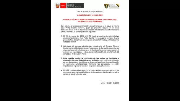 Comunicado del Instituto Nacional Penitenciario (INPE).