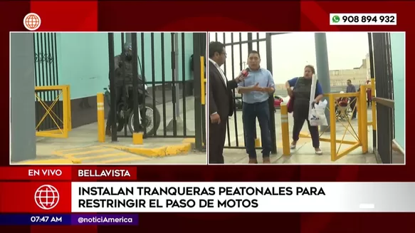 Instalan tranqueras peatonales para restringir el paso de motos en Bellavista. Foto: América Noticias