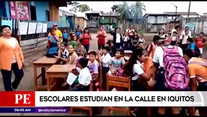 Alumnos estudian en calles de Iquitos. América Noticias