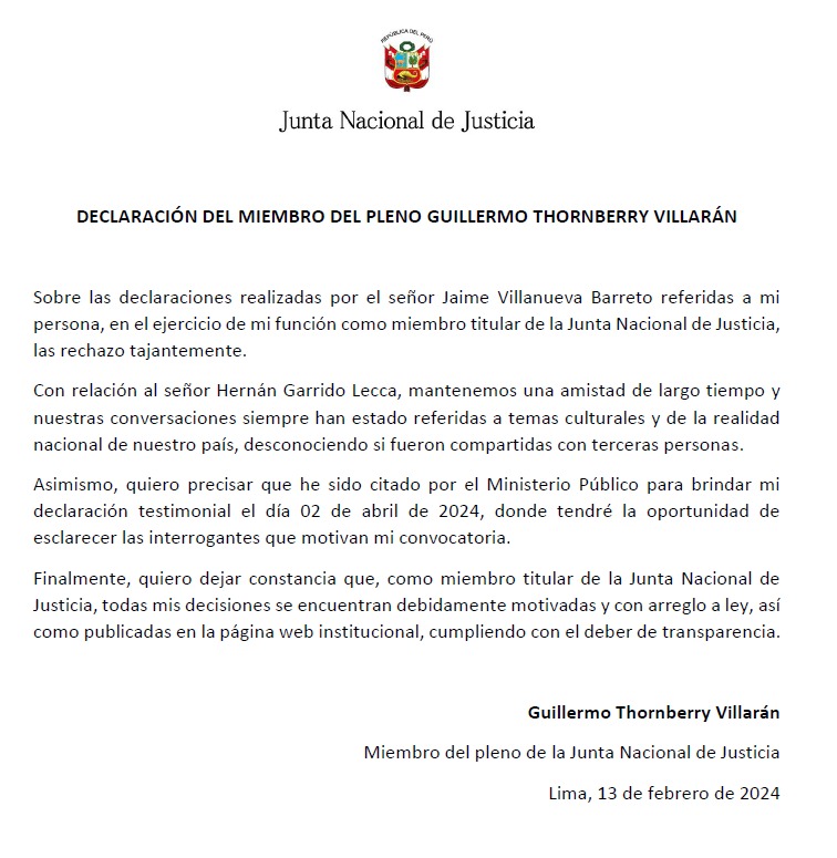Jaime Villanueva: Miembro de la JNJ, Guillermo Thornberry, rechazó declaraciones de exasesor de Benavides