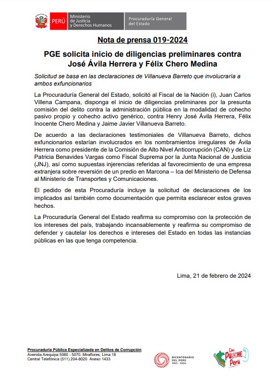 Jaime Villanueva: Procuraduría pide inicio de diligencias contra exministro Félix Chero y exmiembro de la JNJ