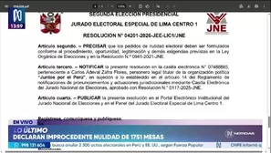 El JEE de Lima Centro 1 declaró improcedente la solicitud presentada por Juntos por el Perú para anular los resultados de 1.751 mesas de sufragio en Lima por presuntos indicios de fraude y alteración de actas./ Video: Canal N
