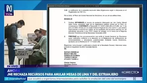 El Jurado Nacional de Elecciones declaró infundadas las apelaciones presentadas por la organización política y confirmó las resoluciones que habían rechazado los pedidos de nulidad de mesas en Lima y en el extranjero./ Video: Canal N