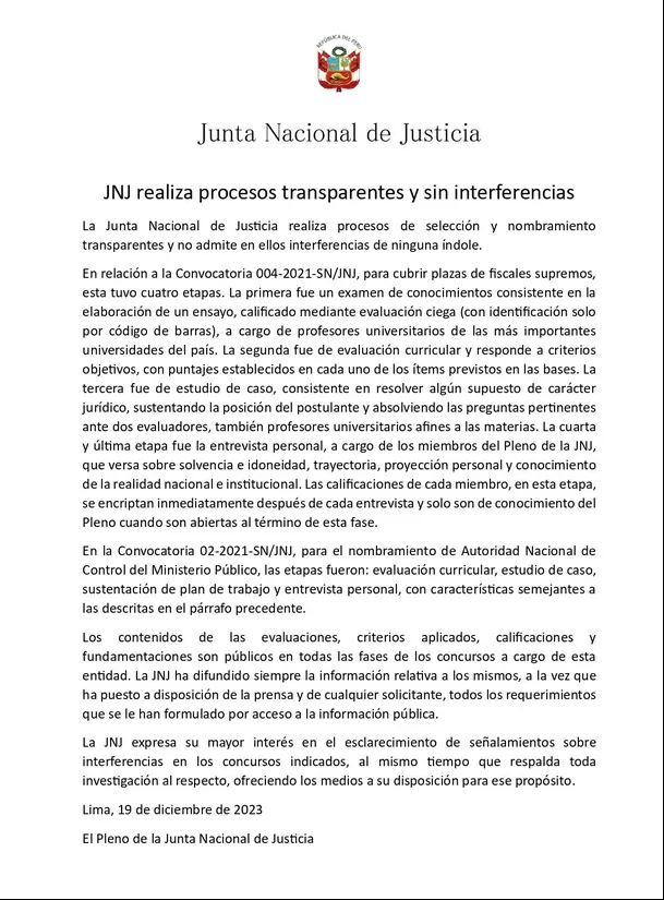 Comunicado de la Junta Nacional de Justicia - Foto: JNJ