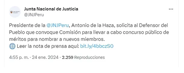 Publicación de la JNJ informando de la solicitud al defensor del Pueblo - Foto: @JNJPeru