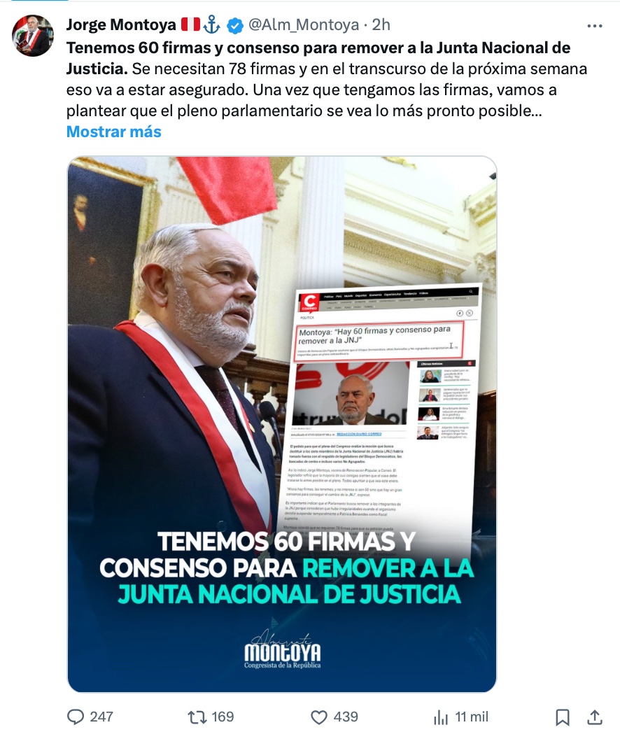 Jorge Montoya: “Tenemos 60 firmas para remover a la Junta Nacional de Justicia”