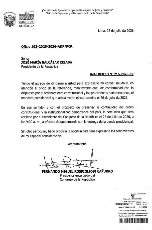 En el oficio, Fernando Rospigliosi señala que la convocatoria tiene como finalidad "preservar la continuidad del orden constitucional y la institucionalidad democrática del país", en el contexto del próximo cambio de gobierno
