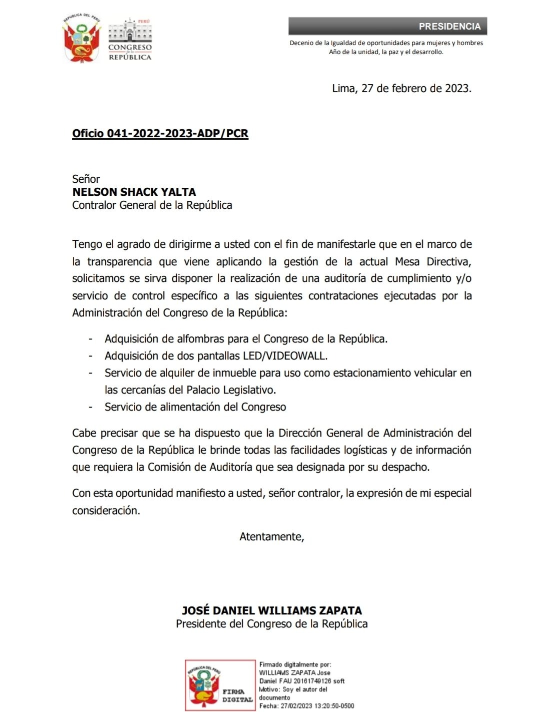 José Williams solicita a Contraloría que realice acciones de control sobre las compras y procesos realizados en el Congreso