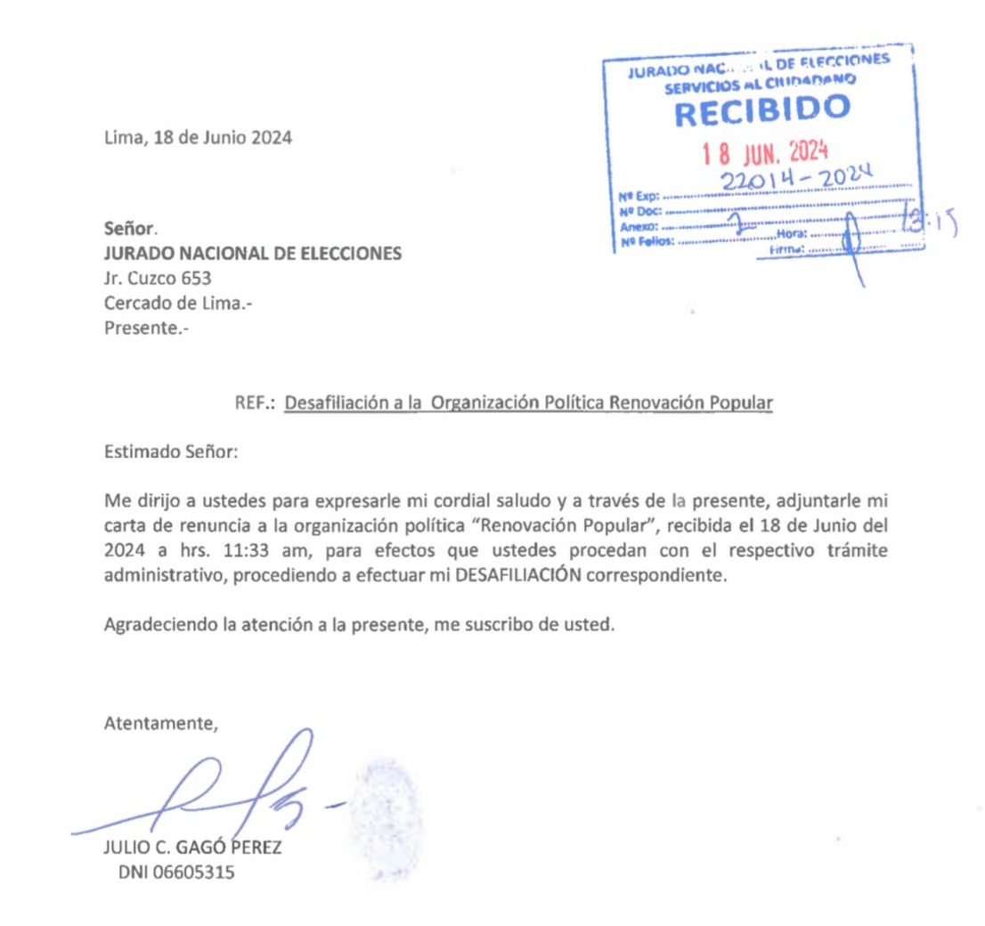 Julio Gagó presentó su renuncia irrevocable como afiliado al partido Renovación Popular