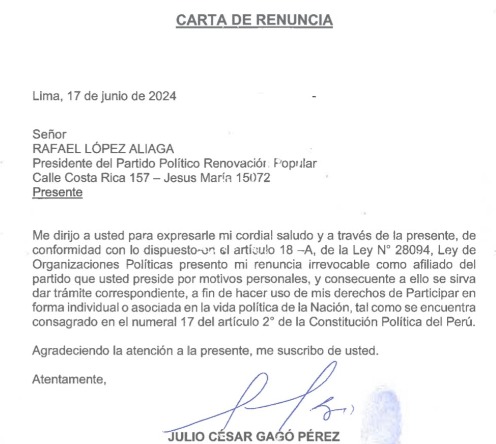 Julio Gagó presentó su renuncia irrevocable como afiliado al partido Renovación Popular