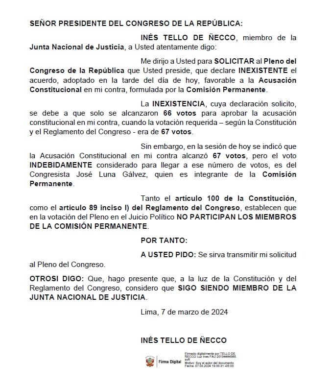 Junta Nacional de Justicia: Magistrada Inés Tello pidió que se declare inexistente su inhabilitación