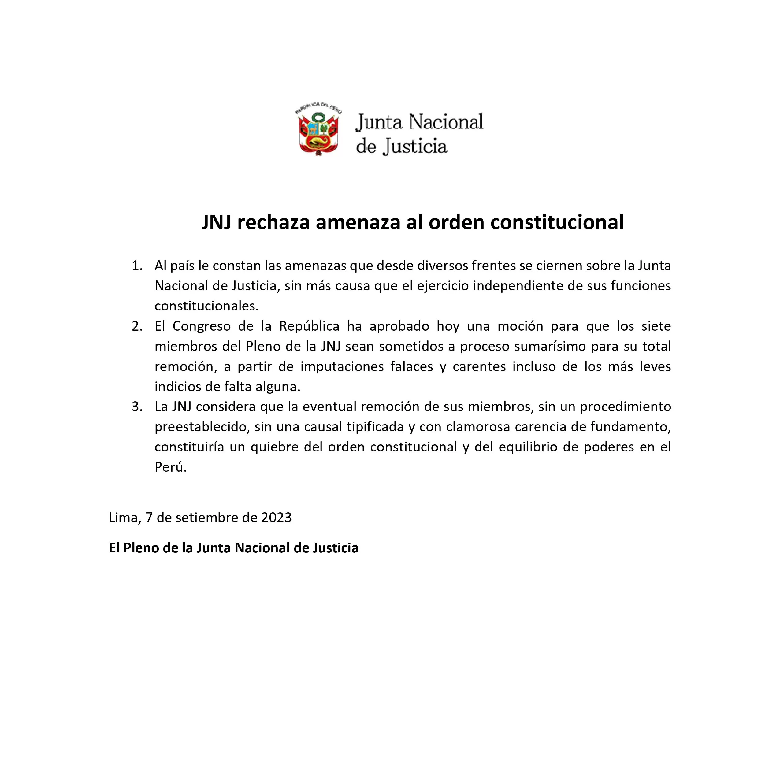 Comunicado de la Junta Nacional de Justicia. Via Twitter.