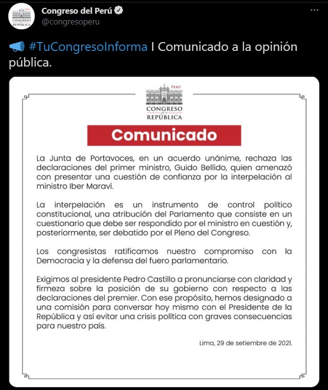 Junta de Portavoces: Rechazamos declaraciones de Bellido quien amenaza con presentar cuestión de confianza