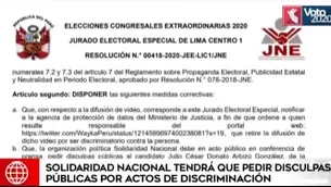 JEE dispone que Solidaridad Nacional se disculpe con Julio Arbizu por acto de discriminación. Video: América Noticias