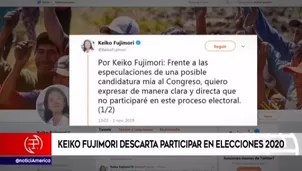 Keiko Fujimori afirma que no será candidata al Congreso en elecciones de 2020. Foto y video: América Noticias