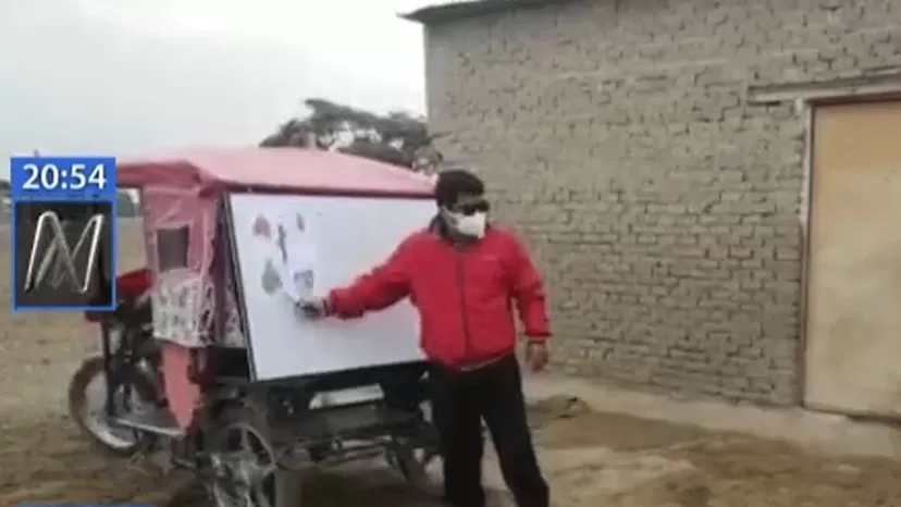Lambayeque: Profesor convirtió su mototaxi en una 'pizarra móvil' para dar clases