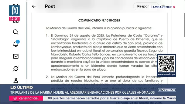 Tripulante de la Marina muere en Lambayeque por fuerte oleaje. Foto: Canal N Tripulante de la Marina muere en Lambayeque por fuerte oleaje. Foto: Canal N