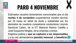La 50 anuncia paro en Lima por asesinatos de choferes y demanda justicia y pensiones. Video: Canal N