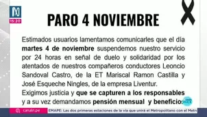 La 50 anuncia paro en Lima por asesinatos de choferes y demanda justicia y pensiones. Video: Canal N