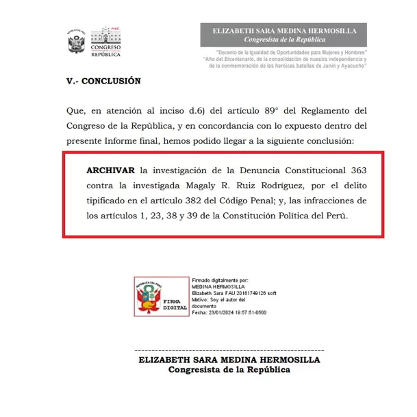 Oficio enviado por la congresista Elizabeth Medina sobre el caso de Magaly Ruíz, acusada de recortar el sueldo a uno de sus trabajadores - Foto: Canal N