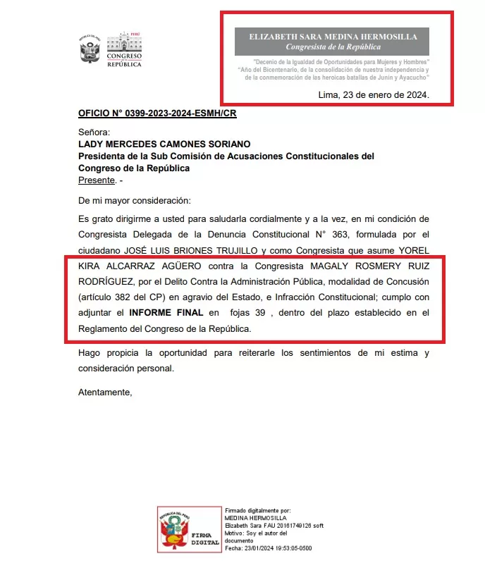 Oficio enviado por la congresista Elizabeth Medina sobre el caso de Magaly Ruíz, acusada de recortar el sueldo a uno de sus trabajadores - Foto: Canal N