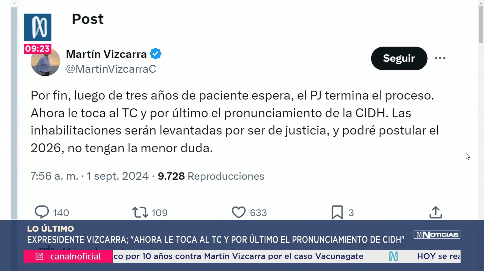 Martín Vizcarra acudirá al TC tras ratificación de inhabilitación