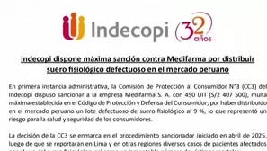 Indecopi multó a Medifarma con S/2.4 millones por distribuir un lote defectuoso de suero fisiológico al 9 %. La empresa deberá cubrir gastos médicos, funerarios y aplicar un programa de cumplimiento normativo. Video: Canal N