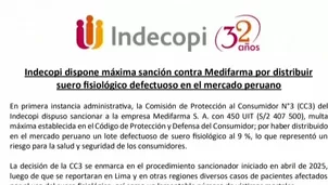 Indecopi multó a Medifarma con S/2.4 millones por distribuir un lote defectuoso de suero fisiológico al 9 %. La empresa deberá cubrir gastos médicos, funerarios y aplicar un programa de cumplimiento normativo. Video: Canal N