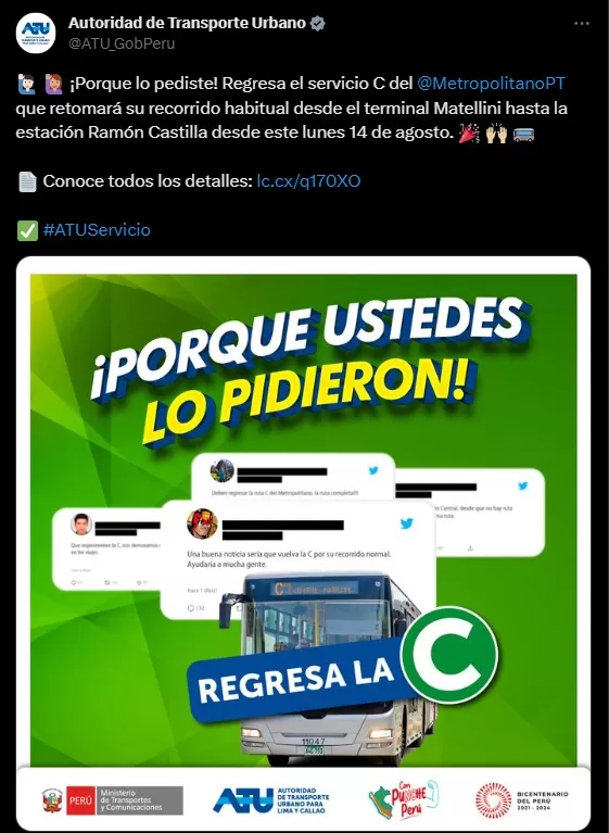 ATU informa el regreso de la línea C en el Metropolitano. Captura de pantalla: Twitter (@ATU_GobPeru)