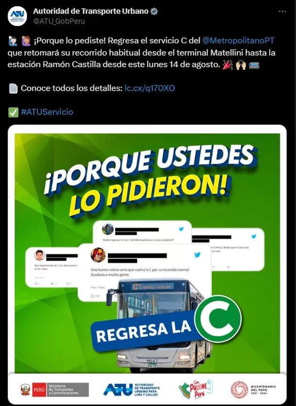 ATU informa el regreso de la línea C en el Metropolitano. Captura de pantalla: Twitter (@ATU_GobPeru)