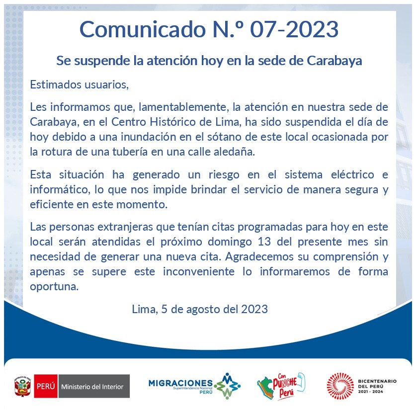 Aniego en Cercado de Lima: Migraciones suspende la atención tras inundación en su sede