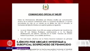 El Ejército pidió ubicar e investigar a sospechoso de feminicidio. Foto: América TV