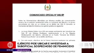 El Ejército pidió ubicar e investigar a sospechoso de feminicidio. Foto: América TV