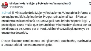 El MIMP brinda soporte legal y psicológico a una mujer que denunció por agresión física al diputado Julián Pérez Mallqui (Juntos por el Perú), quien está detenido. El sector condenó el hecho y exigió sanciones. Imagen: X. Video: Canal N