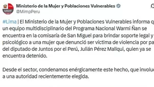 El MIMP brinda soporte legal y psicológico a una mujer que denunció por agresión física al diputado Julián Pérez Mallqui (Juntos por el Perú), quien está detenido. El sector condenó el hecho y exigió sanciones. Imagen: X. Video: Canal N