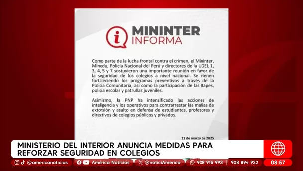 Mininter anuncia medias para reforzar seguridad en colegios. Foto: América Noticias Mininter anuncia medias para reforzar seguridad en colegios. Foto: América Noticias