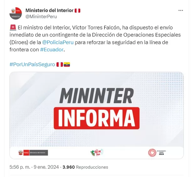 Comunicado del Mininter sobre reforzamiento de la frontera con Ecuador - Foto: @MininterPeru