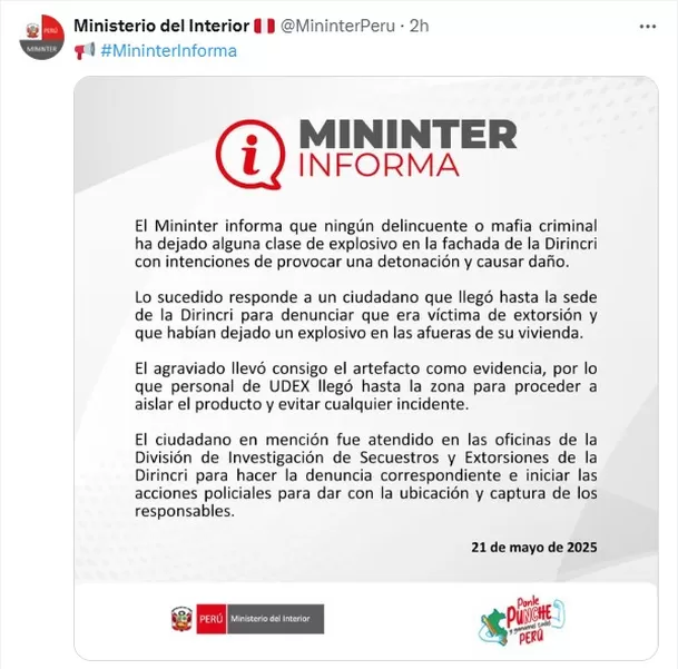 Mininter desmiente ataque en Dirincri y aclara que explosivo era evidencia. Foto: América Noticias