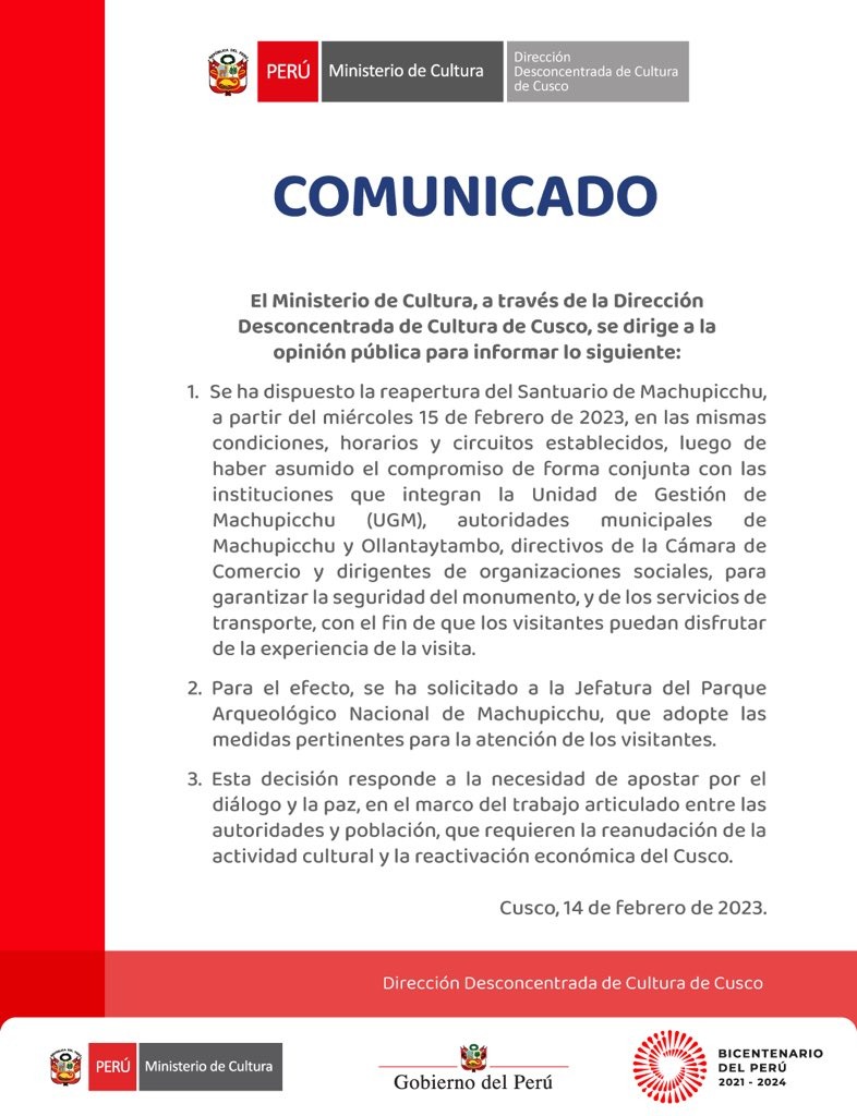 Comunicado del Ministerio de Cultura