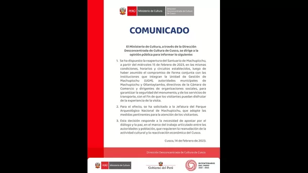 Comunicado del Ministerio de Cultura