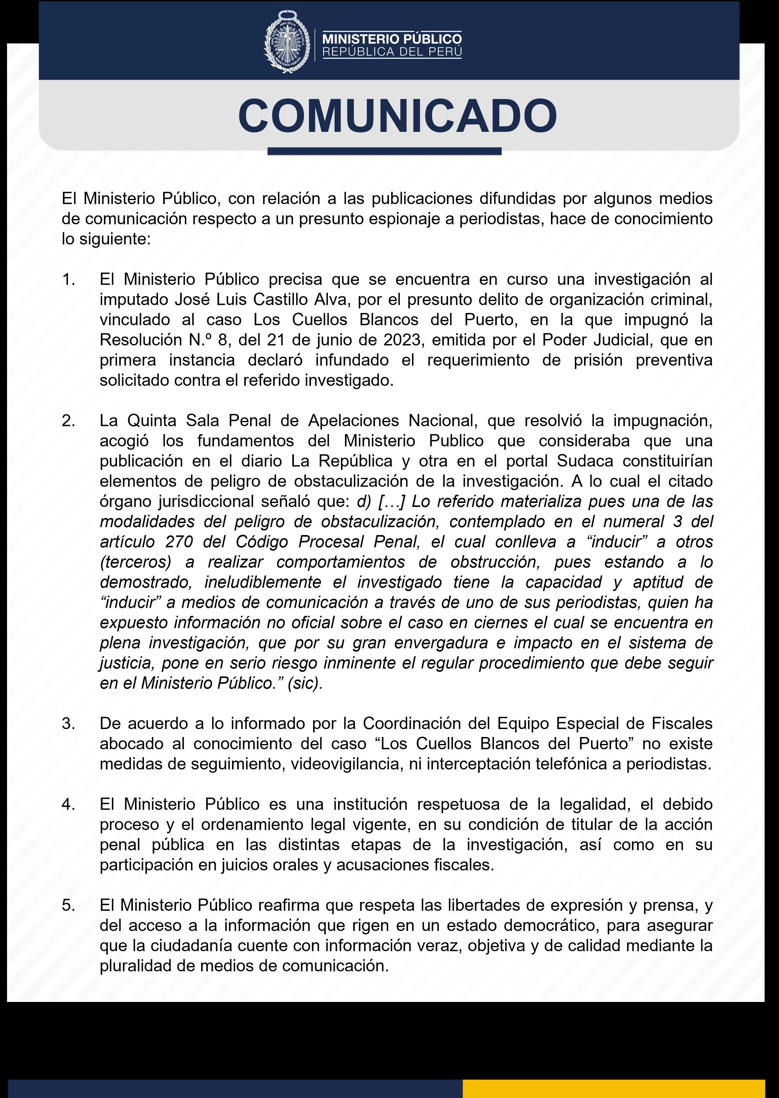 Ministerio Público se pronunció sobre acusación de reglaje a periodista - Foto: Fiscalía