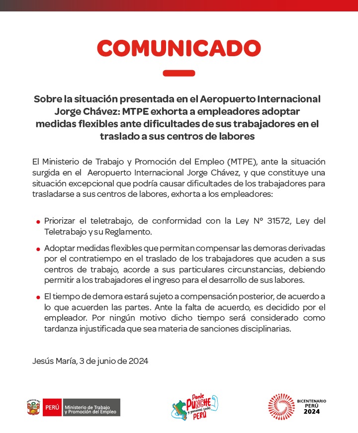 Ministerio del Trabajo pide ser flexibles con el personal tras emergencia en aeropuerto Jorge Chávez