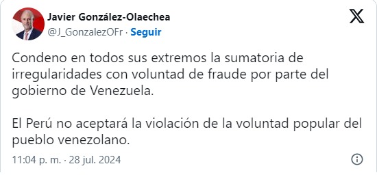 Ministro Javier González-Olaechea: “Perú no aceptará la violación de la voluntad popular del pueblo venezolano”