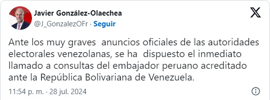 Ministro Javier González-Olaechea: “Perú no aceptará la violación de la voluntad popular del pueblo venezolano”